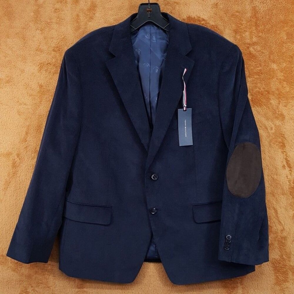 TOMMY HILFIGER Sport Coat Mens Size 44 Short Navy Blue Corduroy Elbow Patch 44S